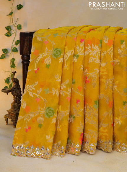 Pure organza silk saree mustard yellow with allover thread & zari weaves and gottapatti lace & mirror work border