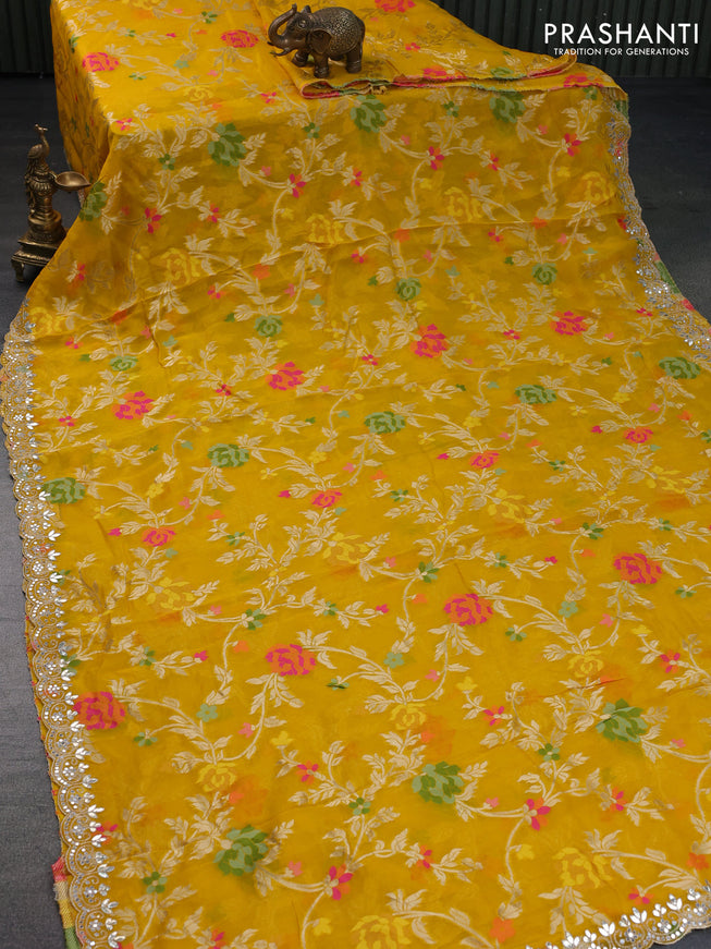 Pure organza silk saree mustard yellow with allover thread & zari weaves and gottapatti lace & mirror work border