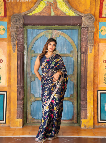 Pure organza silk saree dark blue with allover thread & zari weaves and gottapatti lace & mirror work border