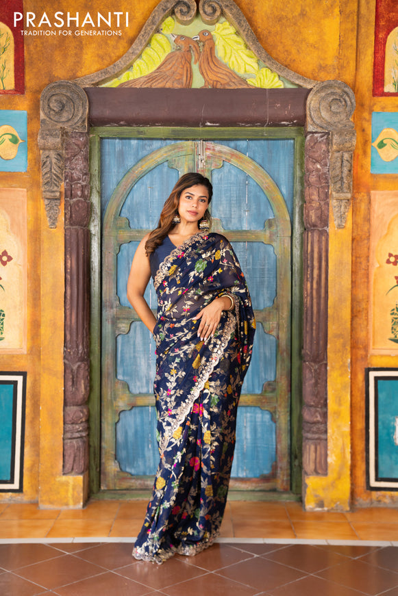 Pure organza silk saree dark blue with allover thread & zari weaves and gottapatti lace & mirror work border