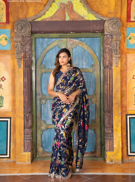 Pure organza silk saree dark blue with allover thread & zari weaves and gottapatti lace & mirror work border