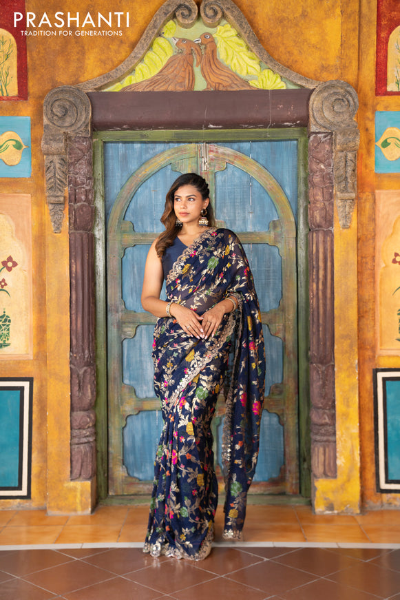 Pure organza silk saree dark blue with allover thread & zari weaves and gottapatti lace & mirror work border