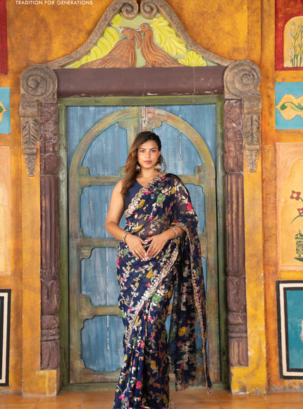 Pure organza silk saree dark blue with allover thread & zari weaves and gottapatti lace & mirror work border