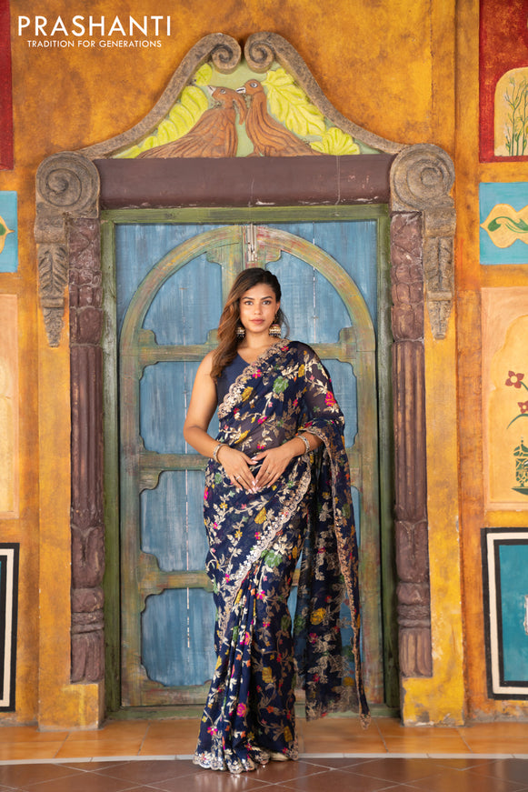 Pure organza silk saree dark blue with allover thread & zari weaves and gottapatti lace & mirror work border