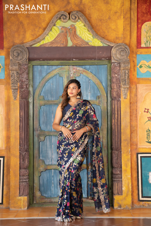 Pure organza silk saree dark blue with allover thread & zari weaves and gottapatti lace & mirror work border