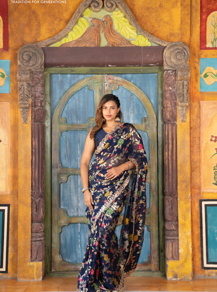 Pure organza silk saree dark blue with allover thread & zari weaves and gottapatti lace & mirror work border