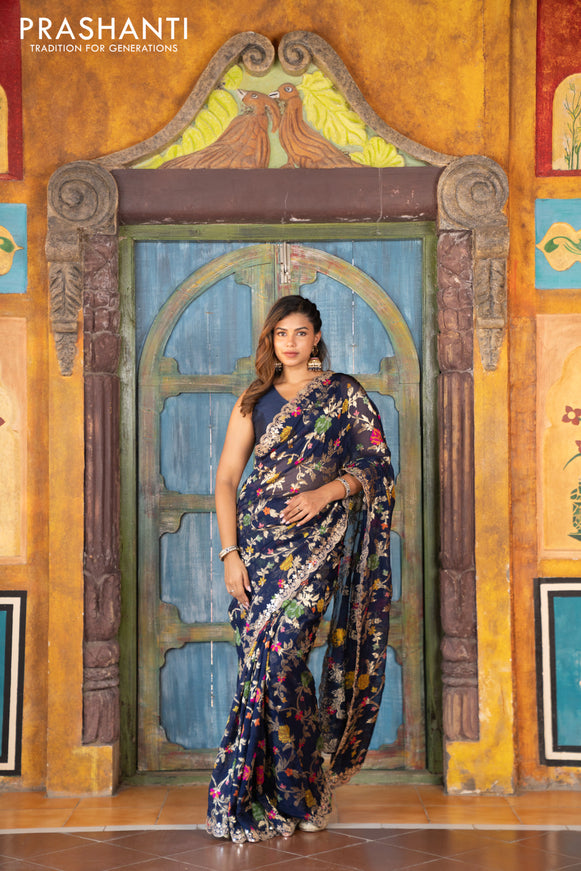 Pure organza silk saree dark blue with allover thread & zari weaves and gottapatti lace & mirror work border