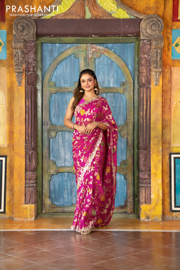 Pure organza silk saree pink with allover thread & zari weaves and gottapatti lace & mirror work border