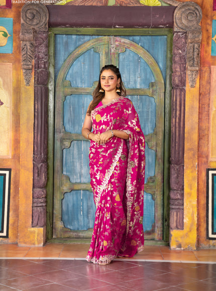 Pure organza silk saree pink with allover thread & zari weaves and gottapatti lace & mirror work border