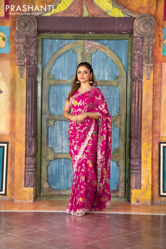 Pure organza silk saree pink with allover thread & zari weaves and gottapatti lace & mirror work border