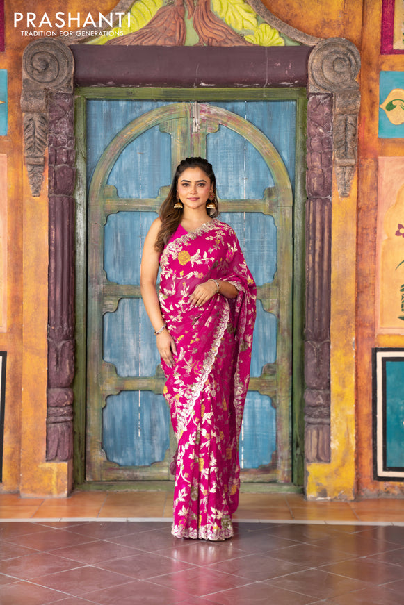 Pure organza silk saree pink with allover thread & zari weaves and gottapatti lace & mirror work border