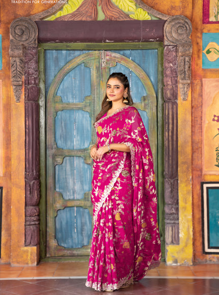 Pure organza silk saree pink with allover thread & zari weaves and gottapatti lace & mirror work border