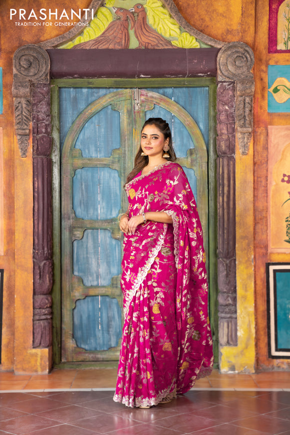 Pure organza silk saree pink with allover thread & zari weaves and gottapatti lace & mirror work border