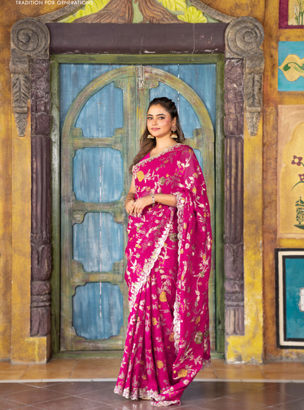 Pure organza silk saree pink with allover thread & zari weaves and gottapatti lace & mirror work border