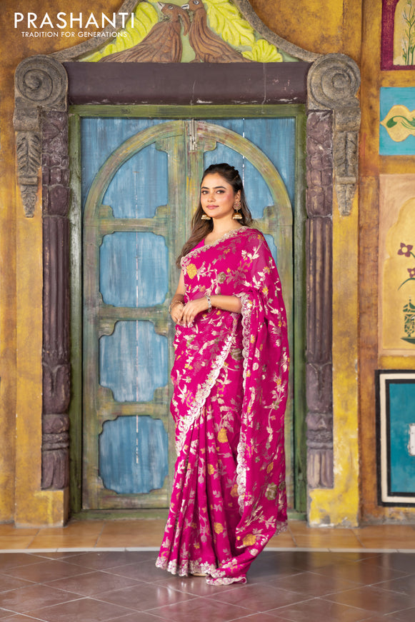 Pure organza silk saree pink with allover thread & zari weaves and gottapatti lace & mirror work border