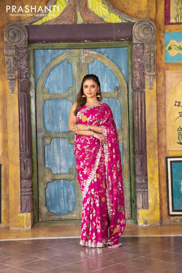 Pure organza silk saree pink with allover thread & zari weaves and gottapatti lace & mirror work border