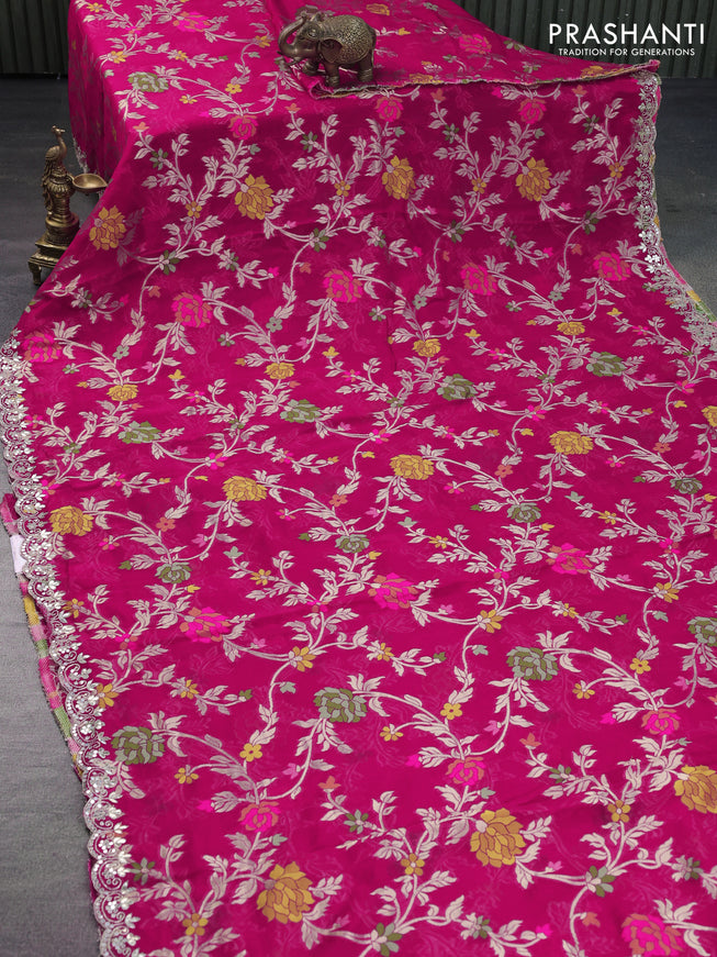 Pure organza silk saree pink with allover thread & zari weaves and gottapatti lace & mirror work border