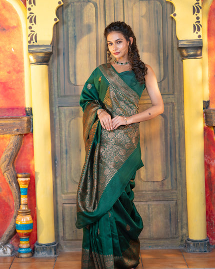 Banarasi raw silk saree dark green with thread & zari woven buttas and woven border