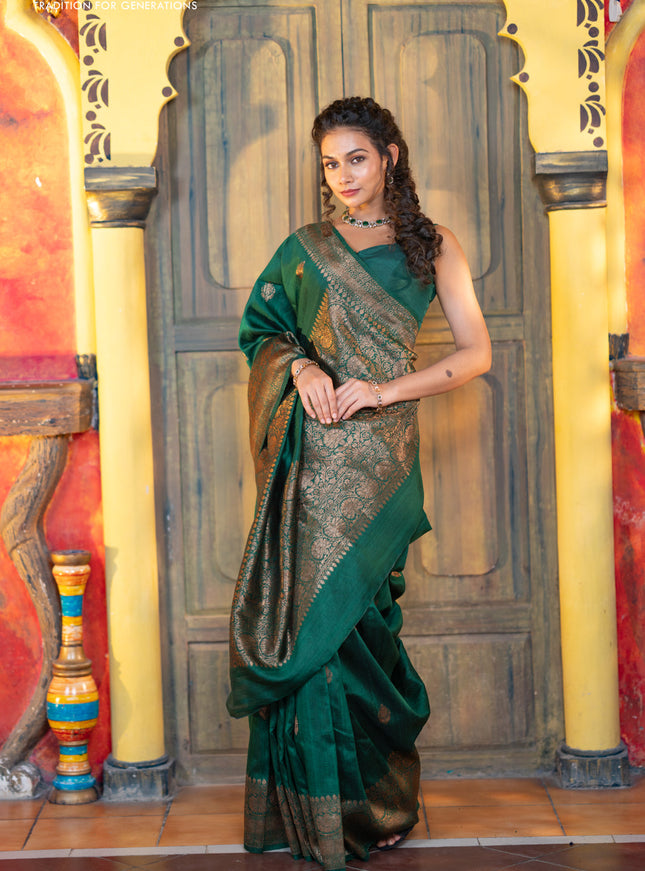 Banarasi raw silk saree dark green with thread & zari woven buttas and woven border