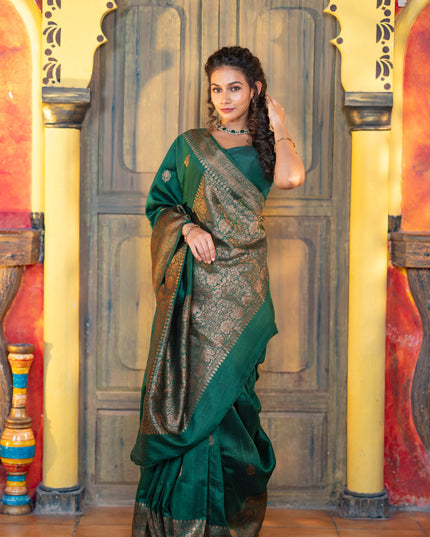 Banarasi raw silk saree dark green with thread & zari woven buttas and woven border