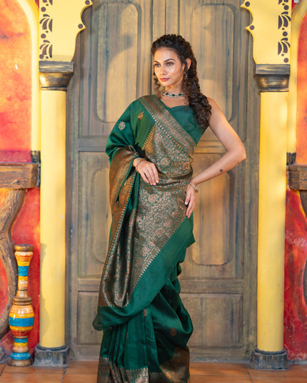 Banarasi raw silk saree dark green with thread & zari woven buttas and woven border