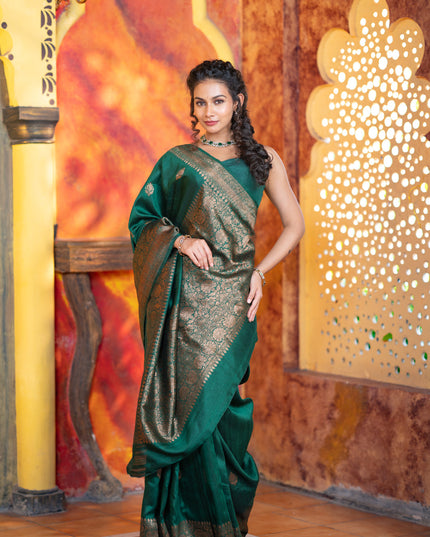 Banarasi raw silk saree dark green with thread & zari woven buttas and woven border