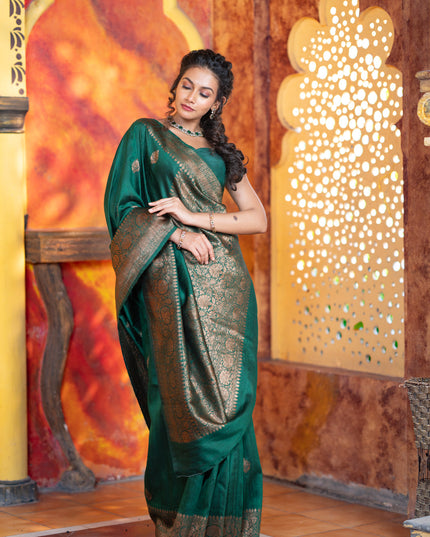 Banarasi raw silk saree dark green with thread & zari woven buttas and woven border