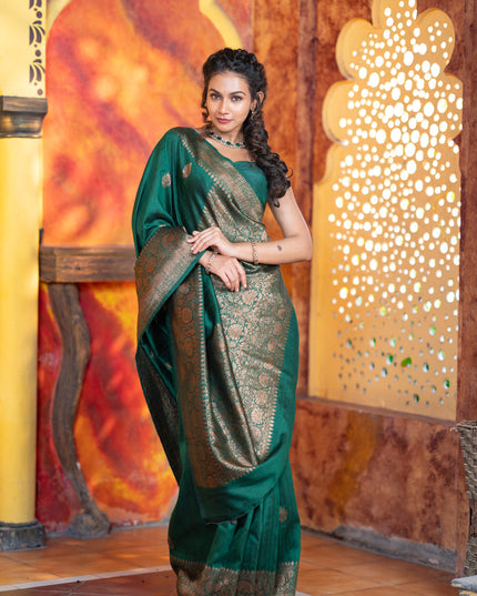 Banarasi raw silk saree dark green with thread & zari woven buttas and woven border