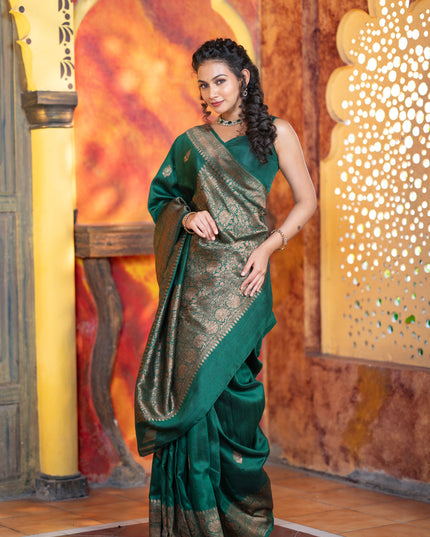 Banarasi raw silk saree dark green with thread & zari woven buttas and woven border