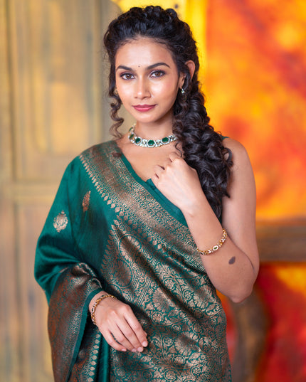 Banarasi raw silk saree dark green with thread & zari woven buttas and woven border