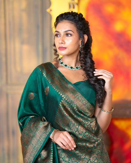 Banarasi raw silk saree dark green with thread & zari woven buttas and woven border