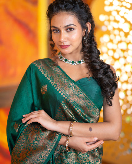 Banarasi raw silk saree dark green with thread & zari woven buttas and woven border