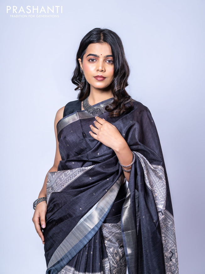 Semi tussar saree off white and black with zari buttas & madhubani panel prints and zari woven border