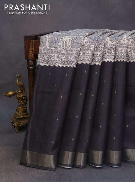 Semi tussar saree off white and black with zari buttas & madhubani panel prints and zari woven border