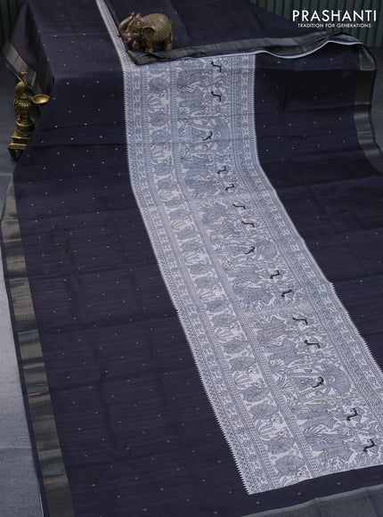 Semi tussar saree off white and black with zari buttas & madhubani panel prints and zari woven border