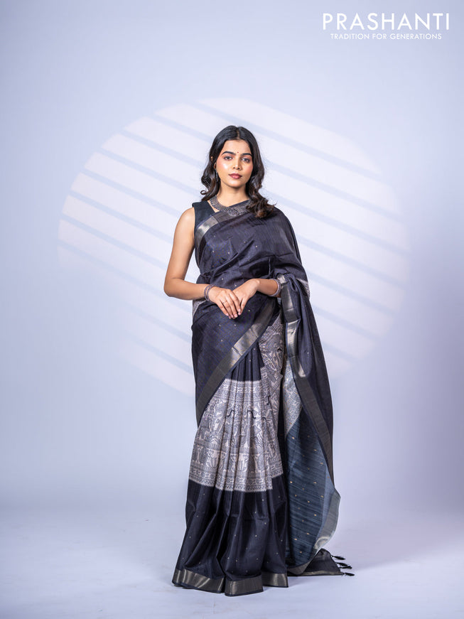 Semi tussar saree off white and black with zari buttas & madhubani panel prints and zari woven border