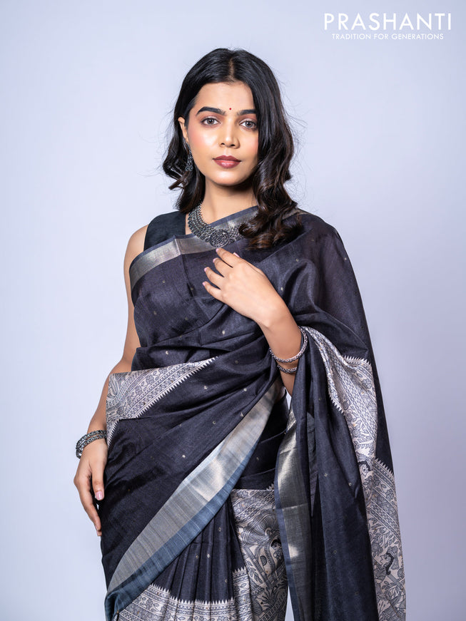 Semi tussar saree off white and black with zari buttas & madhubani panel prints and zari woven border