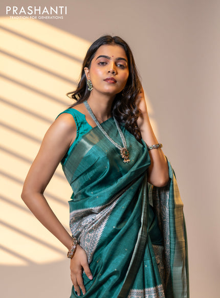 Semi tussar saree off white and peacock green with zari buttas & madhubani panel prints and zari woven border