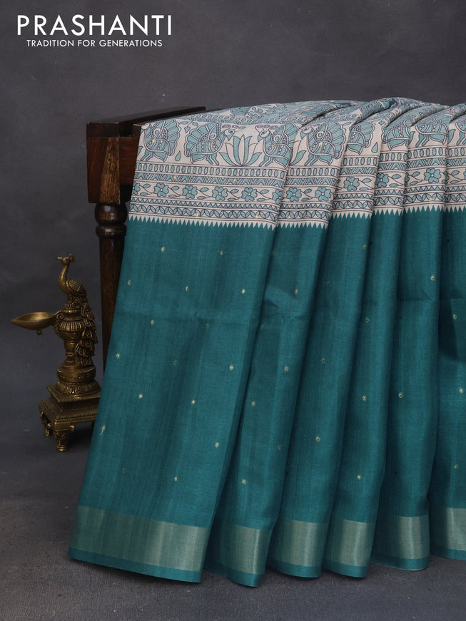 Semi tussar saree off white and peacock green with zari buttas & madhubani panel prints and zari woven border