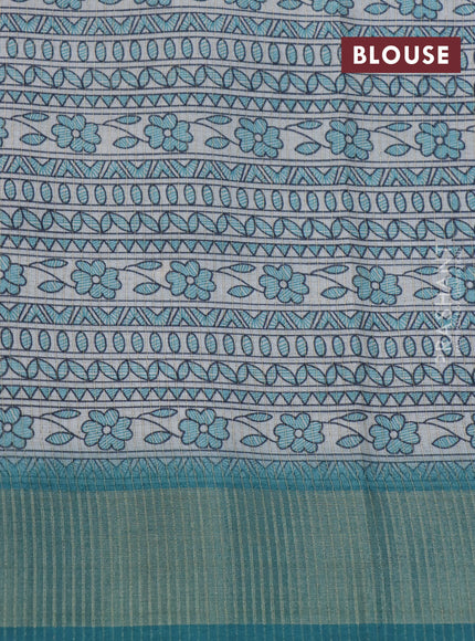 Semi tussar saree off white and peacock green with zari buttas & madhubani panel prints and zari woven border