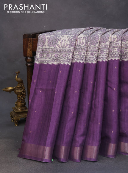 Semi tussar saree off white and violet with zari buttas & madhubani panel prints and zari woven border