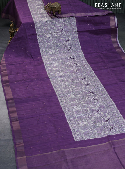 Semi tussar saree off white and violet with zari buttas & madhubani panel prints and zari woven border