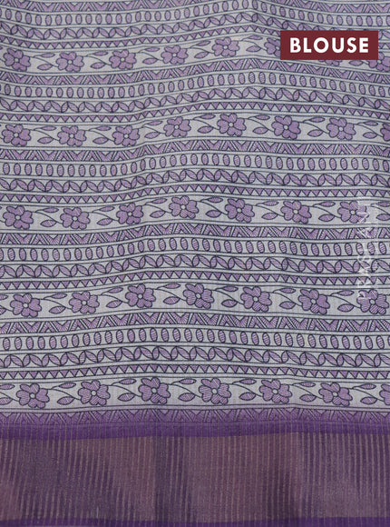 Semi tussar saree off white and violet with zari buttas & madhubani panel prints and zari woven border