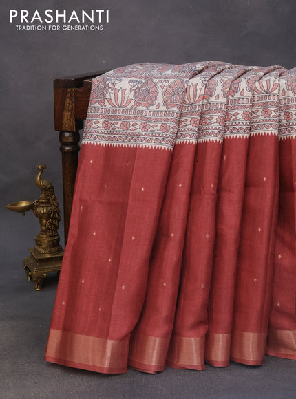 Semi tussar saree off white and rust shade with zari buttas & madhubani panel prints and zari woven border