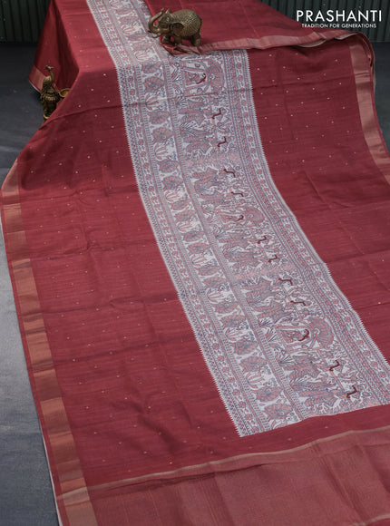 Semi tussar saree off white and rust shade with zari buttas & madhubani panel prints and zari woven border