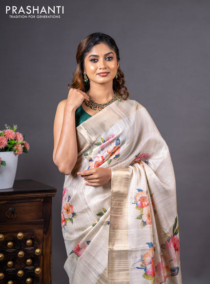 Semi matka tissue saree cream with floral digital prints and zari woven border