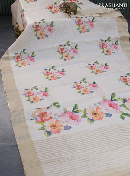 Semi matka tissue saree cream with floral digital prints and zari woven border