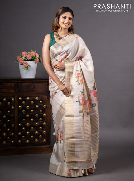 Semi matka tissue saree cream with floral digital prints and zari woven border