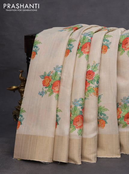 Semi matka tissue saree cream with floral digital prints and zari woven border