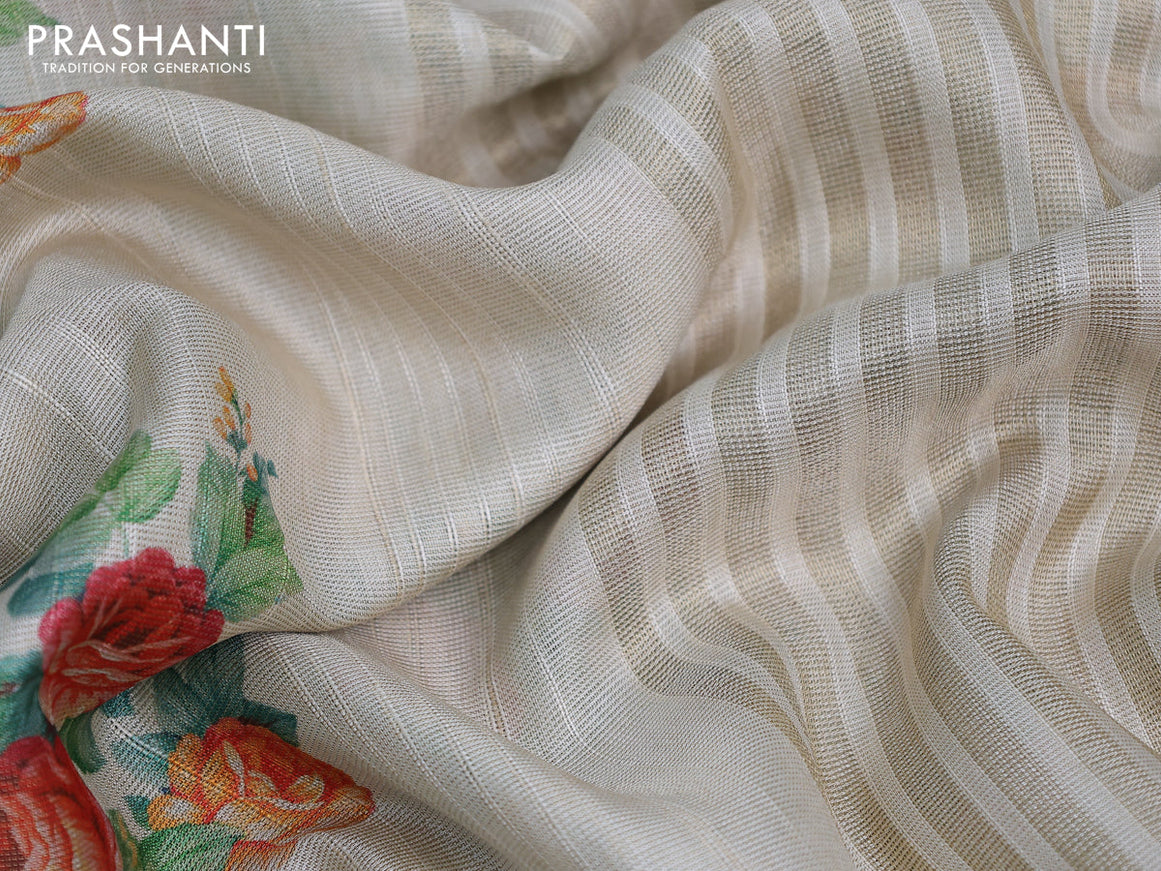 Semi matka tissue saree cream with floral digital prints and zari woven border